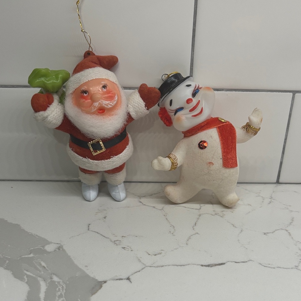 Authentic vintage Flocked Christmas Ornaments MCM Santa and Snowman As Is
